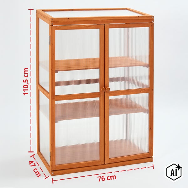 Frühbeet aus Holz mit Polycarbonatplatten und Regalebenen, Höhe 110,5 Zentimeter, Breite 76 Zentimeter, Tiefe 47 Zentimeter