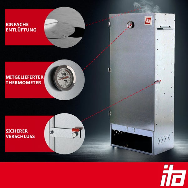 ITA Räucherofen aus Metall mit Detailansichten zur einfachen Entlüftung, dem mitgelieferten Thermometer und dem sicheren Verschluss.