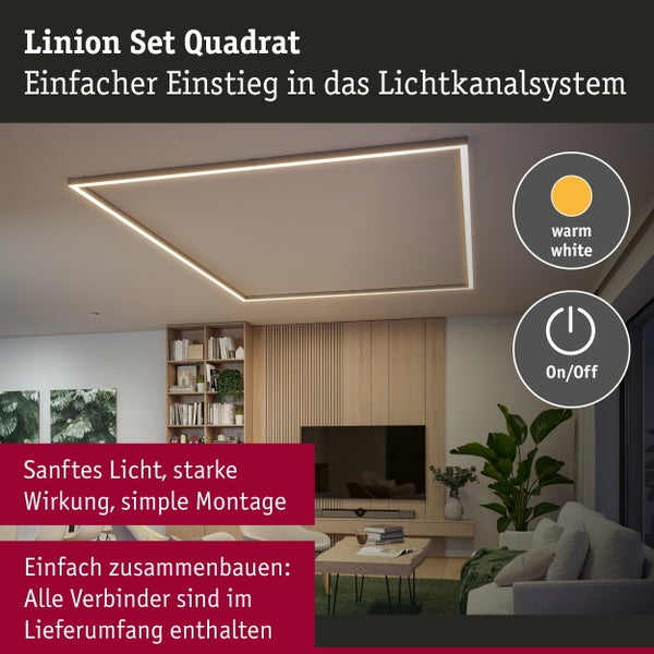 Quadratisches LED Lichtkanalsystem Linion Set fuer die Deckenmontage mit warmweißer Beleuchtung und einfacher Montage