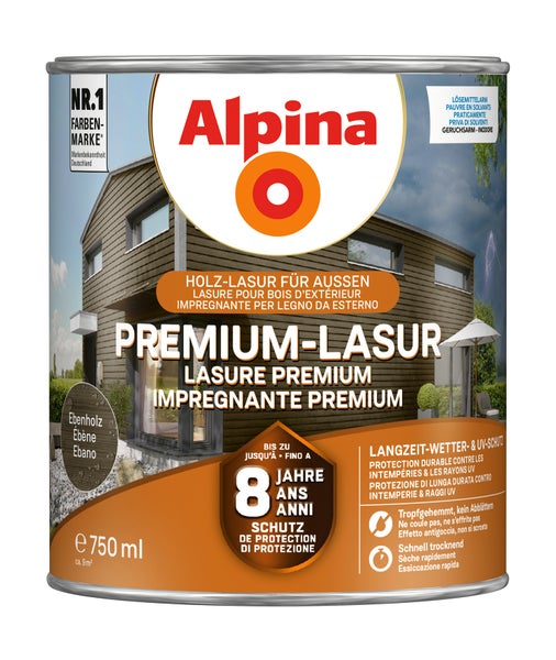 Alpina Premium Holzlasur für aussen in der Farbe Ebenholz, 750 Milliliter Dose mit acht Jahren Schutz vor Witterung und UV-Strahlung.