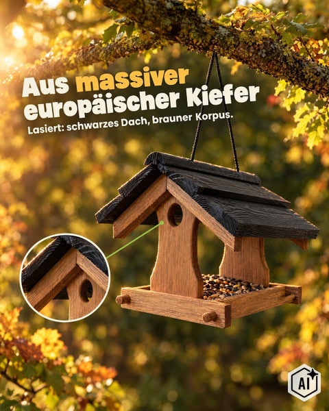 Hängendes Vogelhaus aus massivem Kiefernholz mit Dach und Futterfläche, an einem Baum befestigt.