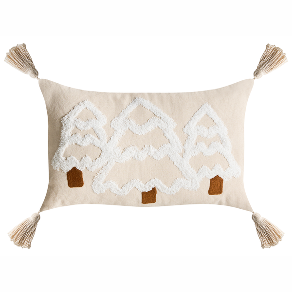 Dekokissen mit aufgestickten Winterbäumen und Quasten an den Ecken