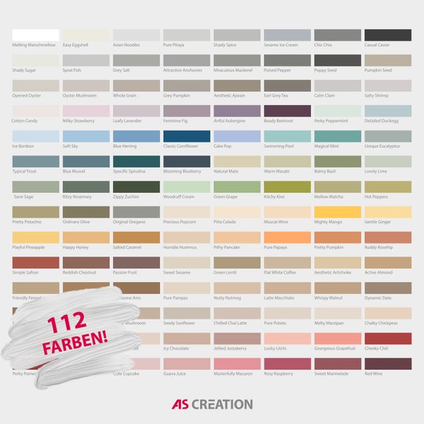 Farbübersicht mit 112 verfügbaren Farbtönen für die Wandgestaltung. AS Creation Logo.