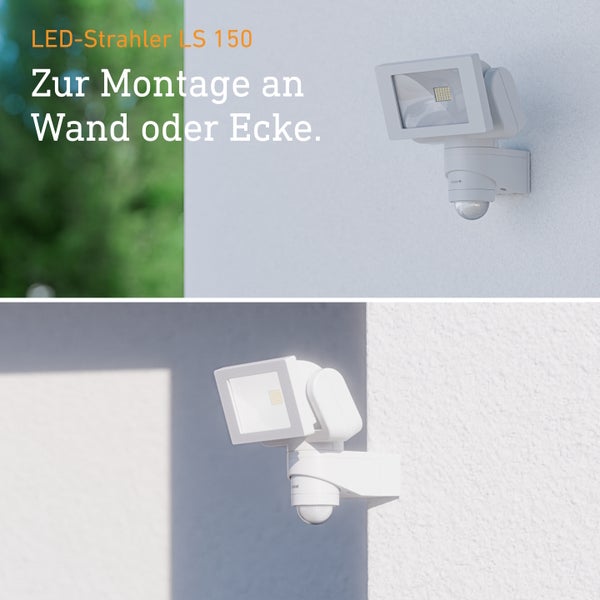 Steinel LED Strahler LS 150 mit Bewegungsmelder zur Montage an der Wand oder an einer Hausecke.