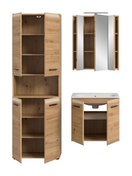Badezimmermöbel-Set in Eiche-Optik mit Hochschrank, Waschbeckenunterschrank inklusive Waschbecken und Spiegelschrank.