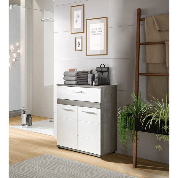 Blake Badschrank 1 Schublade 2 Türen weiß Hochglanz, grau. 70 X 31 X 79 cm