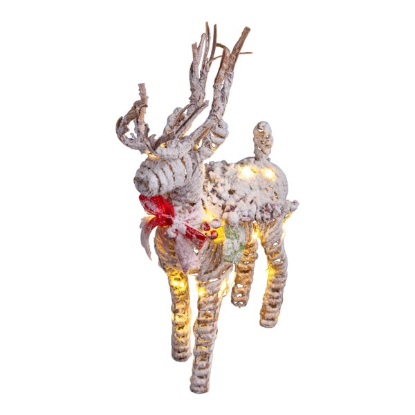 Dekorativer Rentier aus geflochtenem Material mit Beleuchtung und roter Schleife.