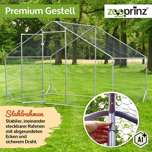 Zooprinz Premium Tiergehege mit stabilem Stahlrahmen und ineinander steckbarem System für Kleintiere auf einer grünen Wiese im Freien.