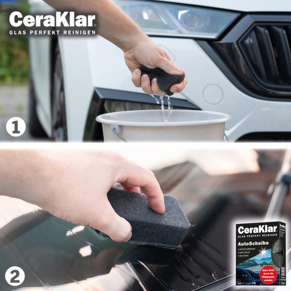 CeraKlar Logo. Reinigung einer Autoscheibe in zwei Schritten: Schwamm im Wassereimer befeuchten und die Windschutzscheibe säubern.
