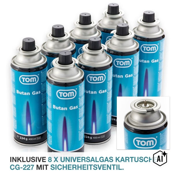 Set aus 8 TOM Butangas Kartuschen CG 227 mit Sicherheitsventil, je 400 Milliliter beziehungsweise 224 Gramm.