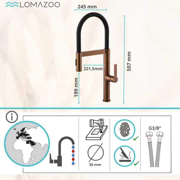 Lomazoo Küchenarmatur mit technischer Zeichnung und Bemaßung sowie Piktogrammen zur Montage und Eigenschaften.