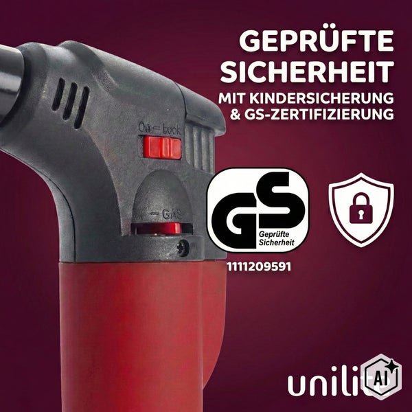 Gasbrenner von Unilite mit Kindersicherung und GS Zertifizierung für geprüfte Sicherheit