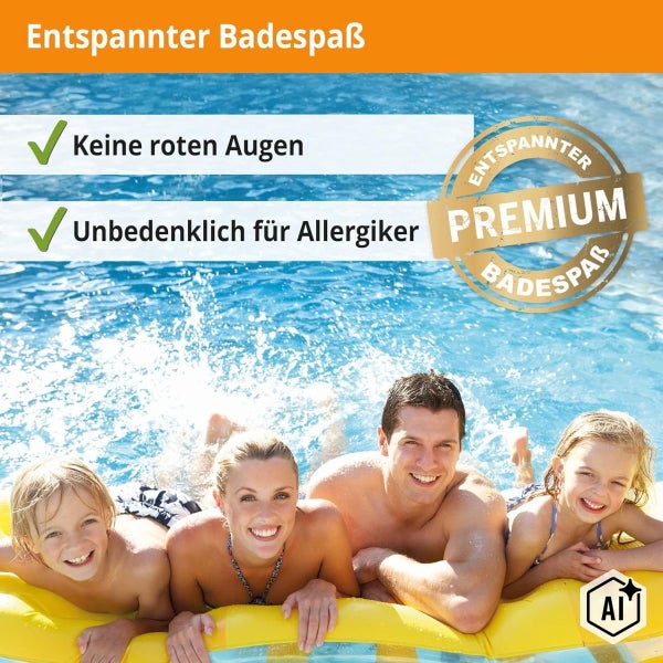 Familie beim Baden im Pool mit Werbetext zu Badespaß ohne Augenreizung und für Allergiker geeignet.