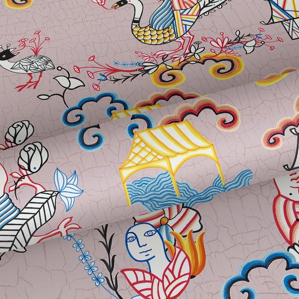 Tapete mit Vogel-, Wolken- und Brückenmotiven