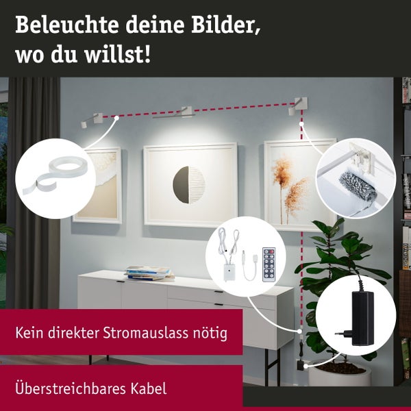 LED Bildleuchten Set mit überstreichbarem Flachkabel und Fernbedienung für die Wandmontage ohne direkten Stromauslass