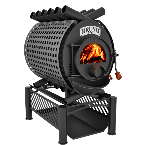 Bruno Pyro Warmluftofen mit gusseiserner Sichtscheibe und Holzgriff auf einem stabilen Metallgestell.