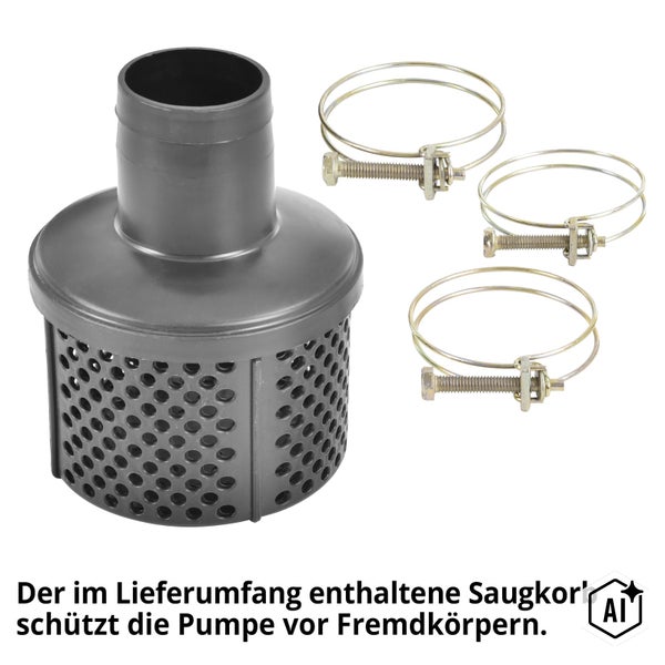 Saugkorb für Pumpen mit Schlauchanschlusstülle und drei Schlauchschellen aus Metall zur Befestigung am Saugschlauch