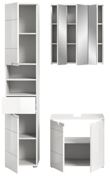 Badmöbel-Set in Weiß mit Hochschrank, Spiegelschrank und Waschbeckenunterschrank, Türen und Schubladen teilweise geöffnet.