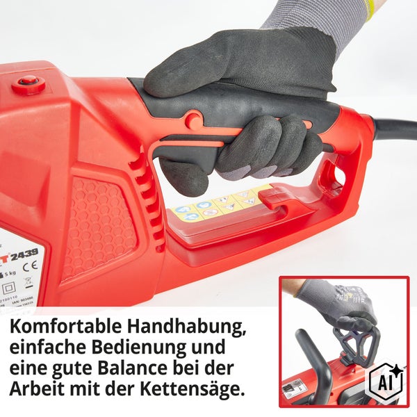 Kettensäge mit Oregon Schwert und Kette, Schwertlänge 40,5 Zentimeter sowie werkzeugloses Kettenschnellspannsystem.