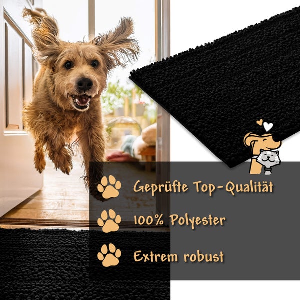 Extrem robuste schwarze Matte aus 100 Prozent Polyester mit Noppenstruktur, dargestellt mit einem Hund, der durch eine Tür springt.