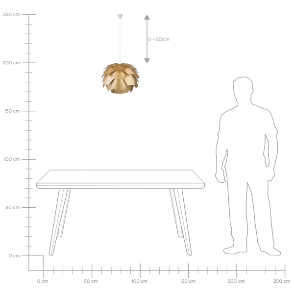 Größenvergleich einer Pendelleuchte mit einer Länge von 0 bis 125 Zentimetern über einem Tisch