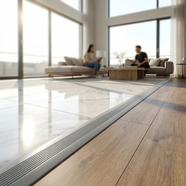Übergangsprofil aus Metall zwischen Marmorfliesen und Holzboden in einem hellen Wohnzimmer