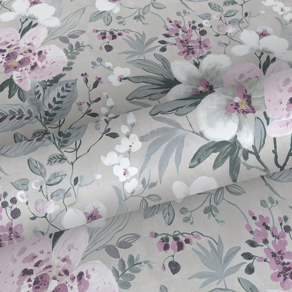 Sanders und Sanders Tapete Blumen Graugrün und Lila - 53 cm x 10 m - 640390