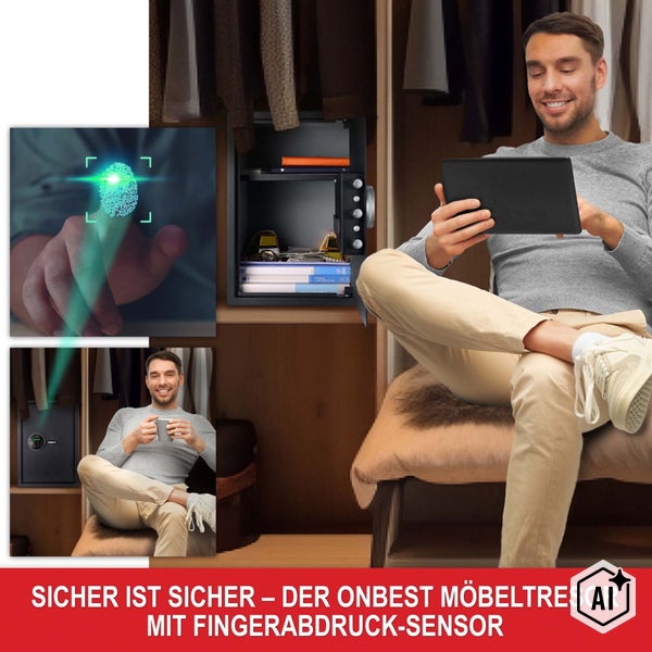Ein Onbest Möbel-Tresor mit Fingerabdruck-Sensor, der in einem Kleiderschrank eingebaut ist und zur sicheren Aufbewahrung von Wertsachen dient.