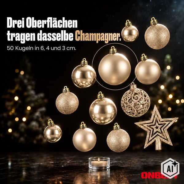 Set mit 50 Weihnachtskugeln in verschiedenen Oberflächen und Größen von 3, 4 und 6 Zentimetern, ergänzt durch einen Weihnachtsbaumstern.