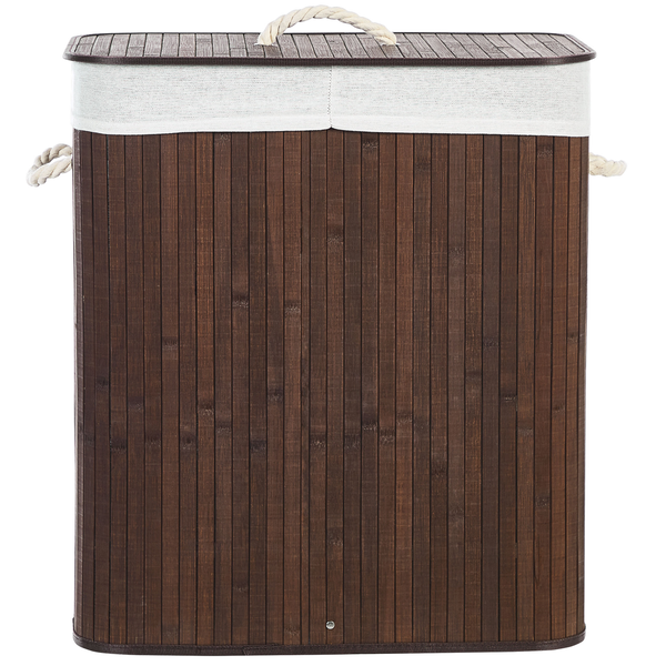 Wäschekorb aus Bambus mit zwei Fächern, herausnehmbarem Wäschesack und Deckel mit Seilgriff.