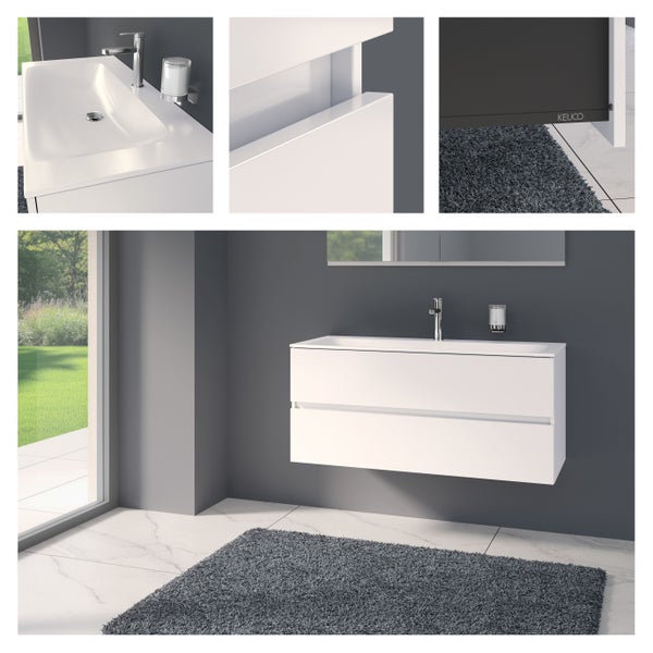 Wandhängender Waschtischunterschrank mit zwei Schubladen, integriertem Waschbecken, Armatur und Keuco Logo in modernem Badezimmer.