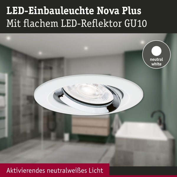 LED-Einbauleuchte Nova Plus mit flachem LED-Reflektor GU10, austauschbarem Leuchtmittel und Gehäuse aus Aludruckguss.