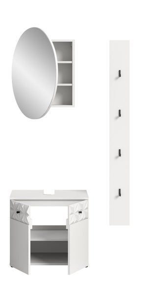Badezimmermöbel-Set bestehend aus rundem Spiegelschrank, Waschbeckenunterschrank mit geometrischem Muster und Hakenleiste.