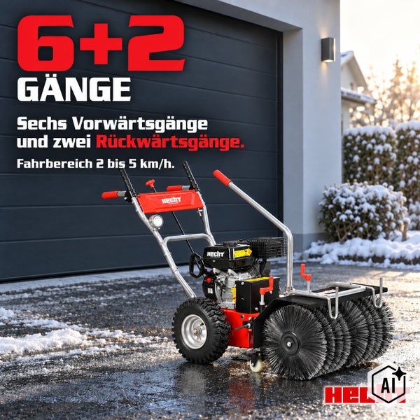 Hecht Kehrmaschine mit Benzinmotor, 6 Vorwärtsgaenge und 2 Rückwärtsgaenge, Fahrgeschwindigkeit 2 bis 5 Kilometer pro Stunde vor einer Garage.