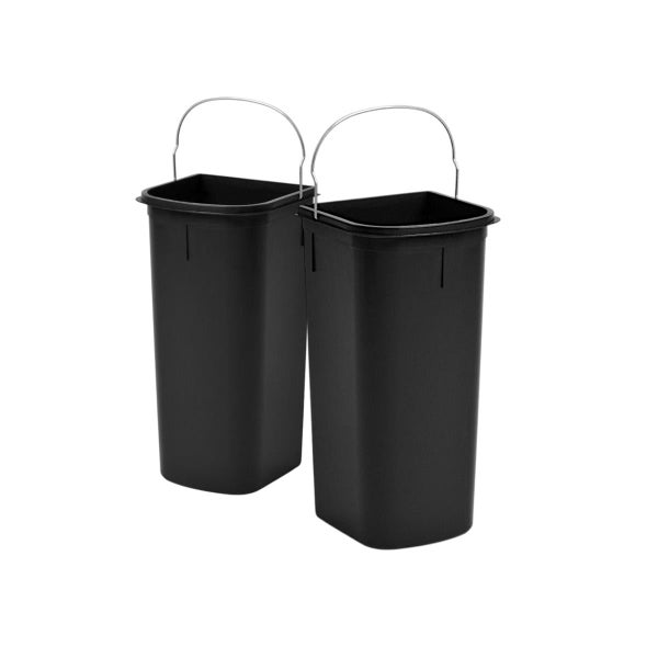 Zwei schwarze Abfalleimer aus Kunststoff mit Metallbügeln.