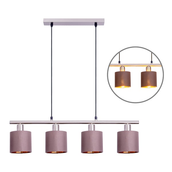 4er Pendelleuchte MARON aus Metall satiniert-matt mit Stoffschirmen  in Braun, mit E14-Fassung, Lampe für Wohnzimmer oder Esszimmer,71,5 x 12 cm