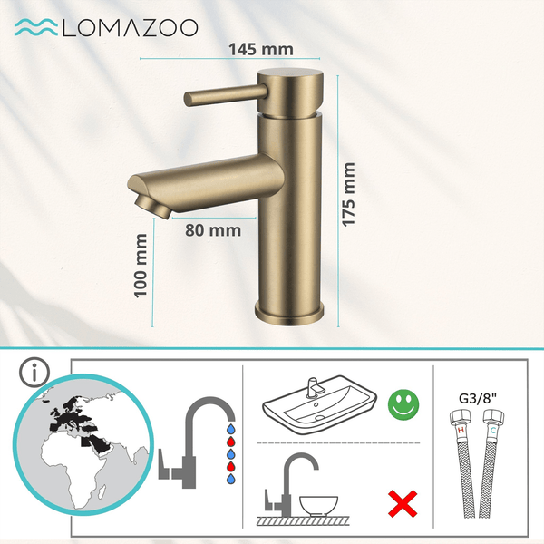 Lomazoo Einhand Waschtischarmatur mit Maßangaben und Installationssymbolen.