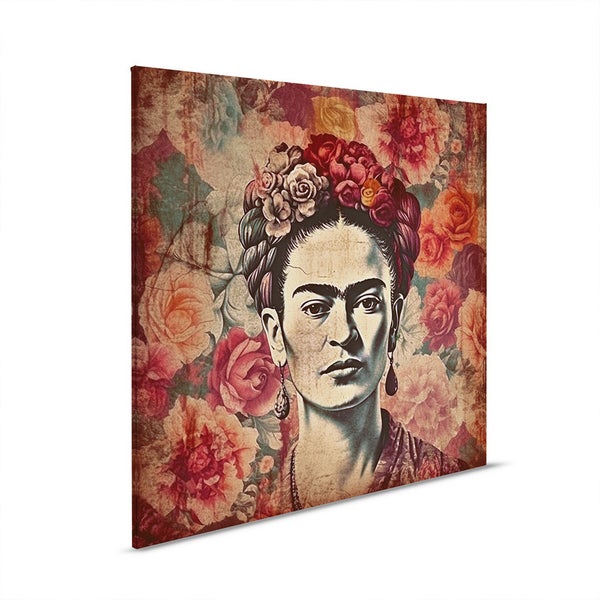 Frida Kahlo Porträt auf Leinwand mit floralem Hintergrund
