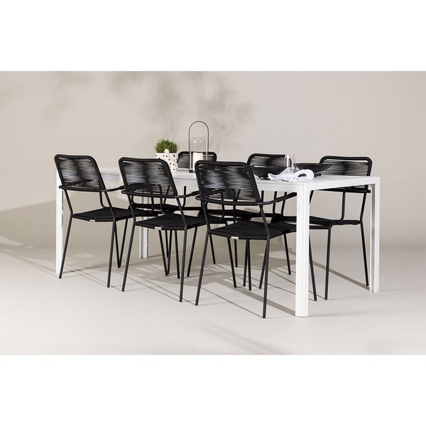 Gartentisch mit sechs Stühlen aus Metall und Seil, moderne Gartengarnitur