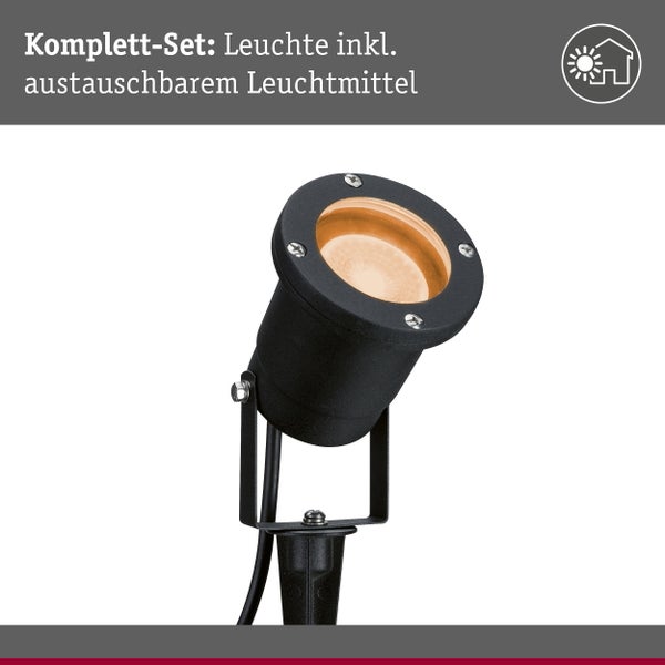 Gartenstrahler mit Erdspieß, Durchmesser 92 Millimeter, Höhe 320 Millimeter, Schutzart IP65 und IP44, inklusive 2 Meter Kabel, 5 Jahre Garantie.