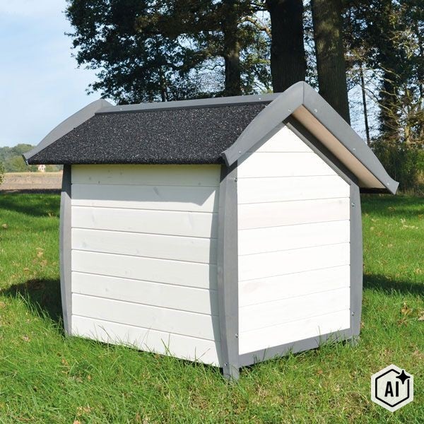 Eine Hundehütte aus Holz mit Satteldach und Dachpappe steht auf einer grünen Wiese.
