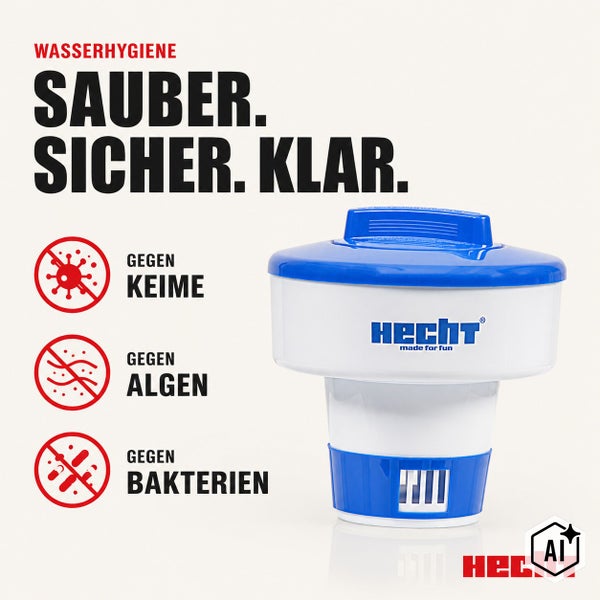 Hecht Pool Dosierschwimmer zur Wasserpflege gegen Keime, Algen und Bakterien. Mit Hecht Logo.