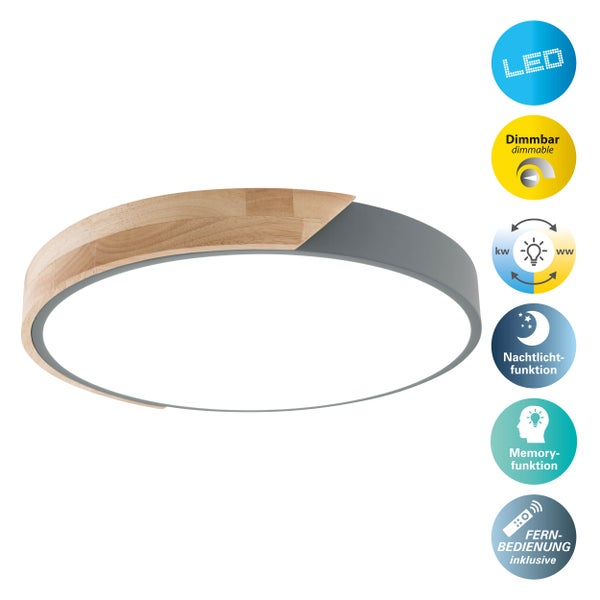 LED Deckenleuchte BORNEO, Ø 31 cm aus Metall und Kunststoff in Grau, integrierte LEDs, Beleuchtung für Wohnräume, Diele und Büro