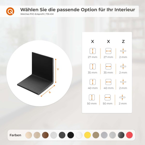 Weiches PVC Eckprofil mit verschiedenen Maßen und Farben für den Innenausbau