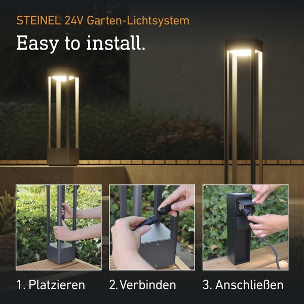 Steinel 24V Garten-Lichtsystem: Darstellung der drei Installationsschritte Platzieren, Verbinden und Anschließen der modernen Wegeleuchten.
