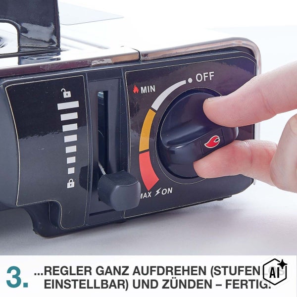 Bedienfeld eines Gaskochers mit Drehregler zur Zündung und Stufenregelung, Finger betätigt den Drehknopf auf die Position ON.
