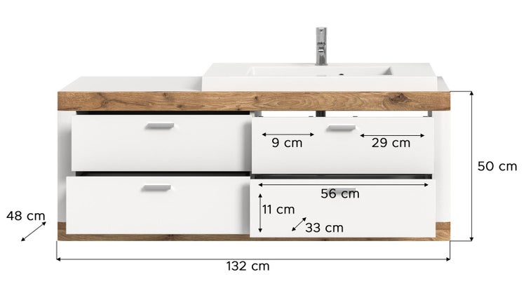 Laredo Waschbeckenunterschrank 132cm 4 Schubladen matt weiß,Eiche dekor,weiß. 132 X 48 X 50 cm