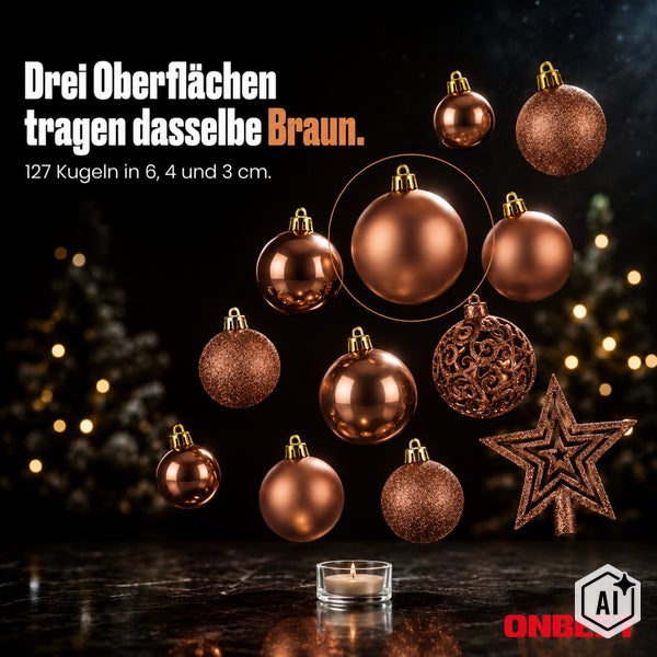 Set aus 127 Weihnachtskugeln in drei verschiedenen Oberflaechen und Groessen von 3, 4 und 6 Zentimetern sowie ein dekorativer Stern