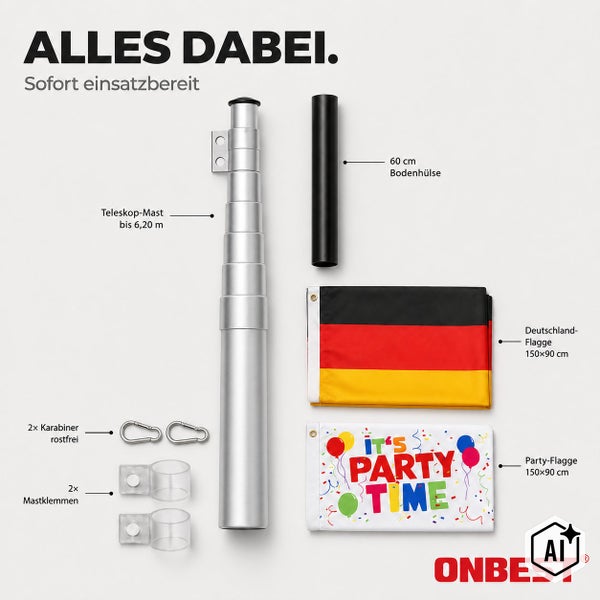 Teleskopmast Set bis 6,20 Meter mit Bodenhülse, Deutschlandflagge, Partyflagge, zwei Karabinerhaken und zwei Mastklemmen von Onbest.