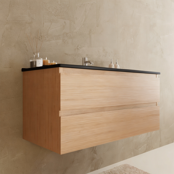 Moderner Wand-Waschbeckenunterschrank in Holzoptik mit zwei Schubladen und einer schwarzen Waschtischplatte.